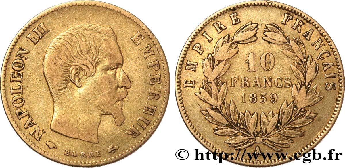 10 francs or Napoléon III, tête nue 1859 Paris F.506/7 MB25 