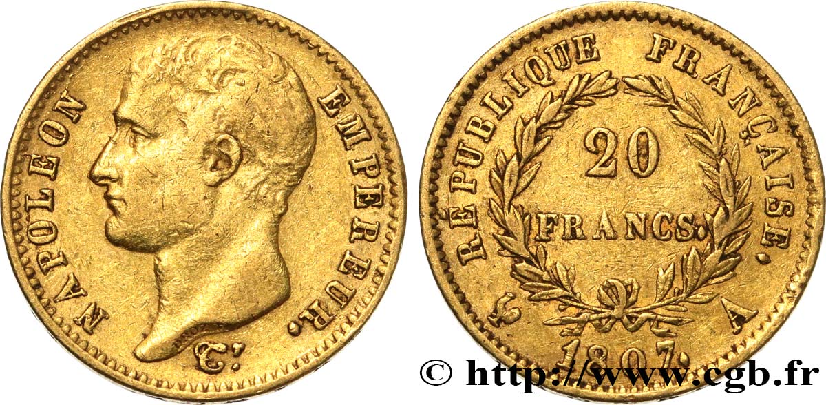 20 francs or Napoléon tête nue, type transitoire 1807 Paris F.514/1 MBC 