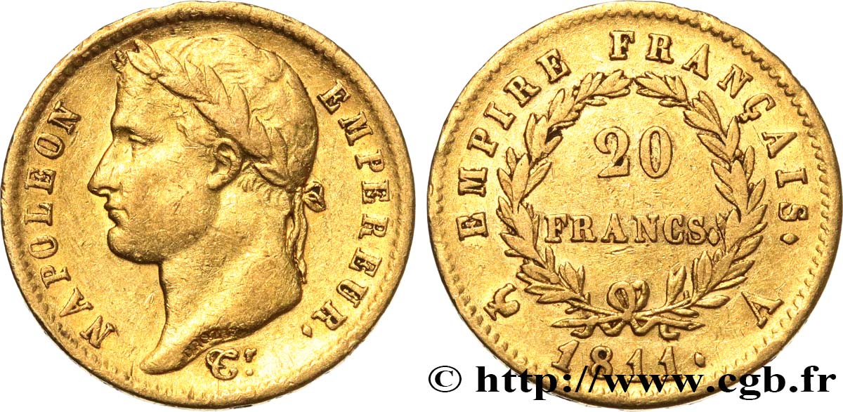 20 francs or Napoléon, tête laurée, Empire français 1811 Paris F.516/16 MBC 