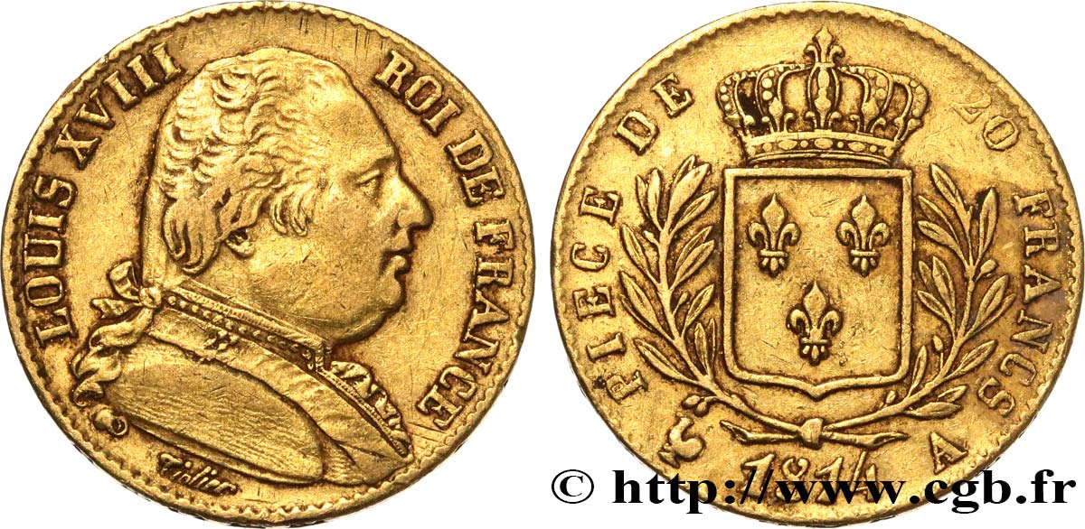 20 francs or Louis XVIII, buste habillé 1814 Paris F.517/1 SS40 