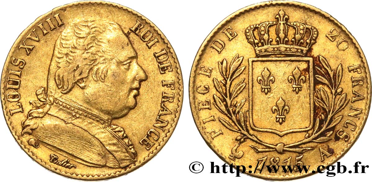 20 francs or Louis XVIII, buste habillé 1815 Paris F.517/10 MBC45 
