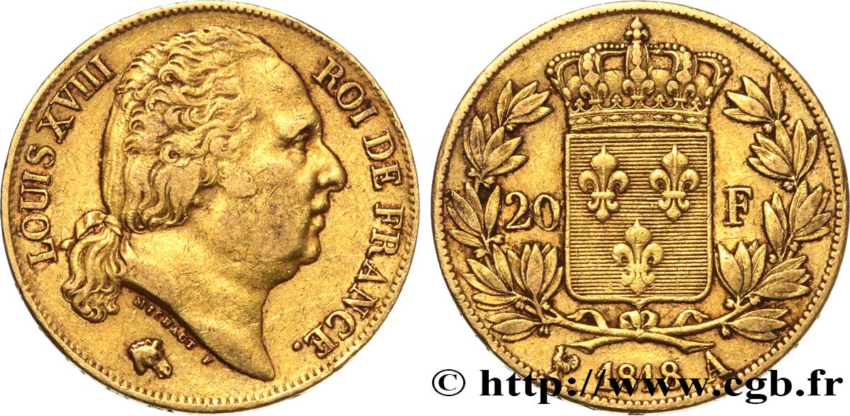 20 francs or Louis XVIII, tête nue 1818 Paris F.519/10 BB45 