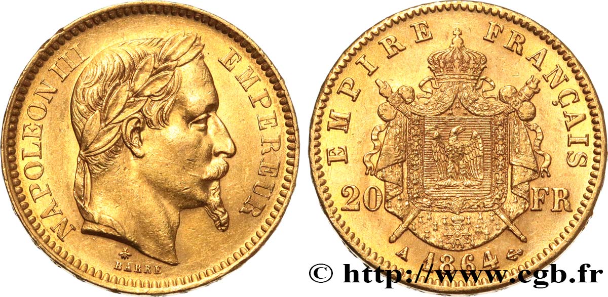 20 francs or Napoléon III, tête laurée 1864 Paris F.532/8 BB53 
