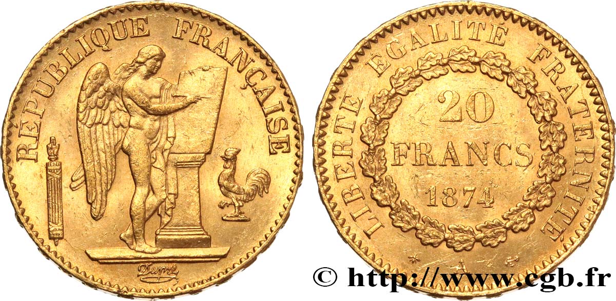 20 francs or Génie, Troisième République 1874 Paris F.533/2 SPL55 