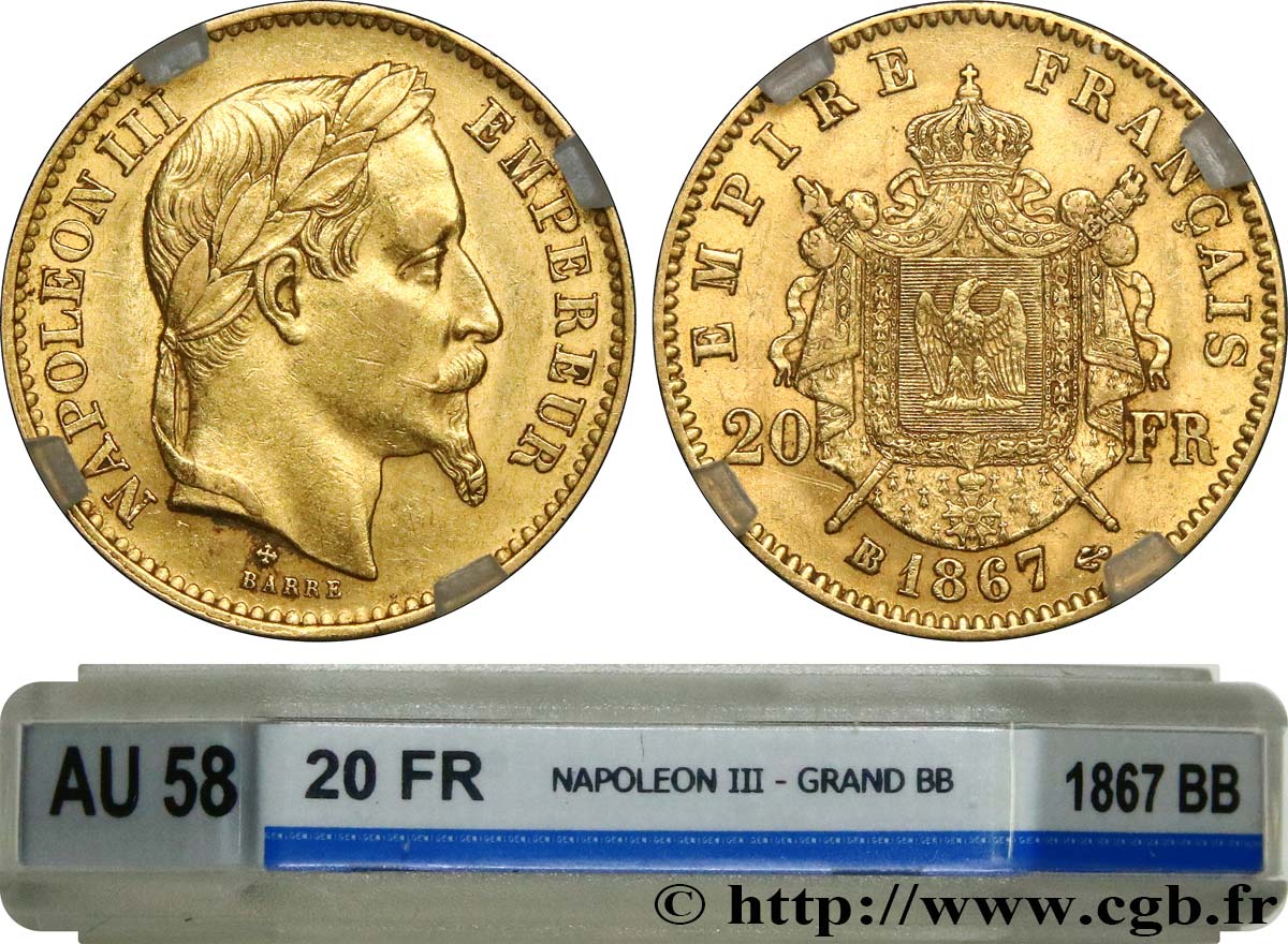20 francs or Napoléon III, tête laurée 1867 Strasbourg F.532/17 AU58 GENI