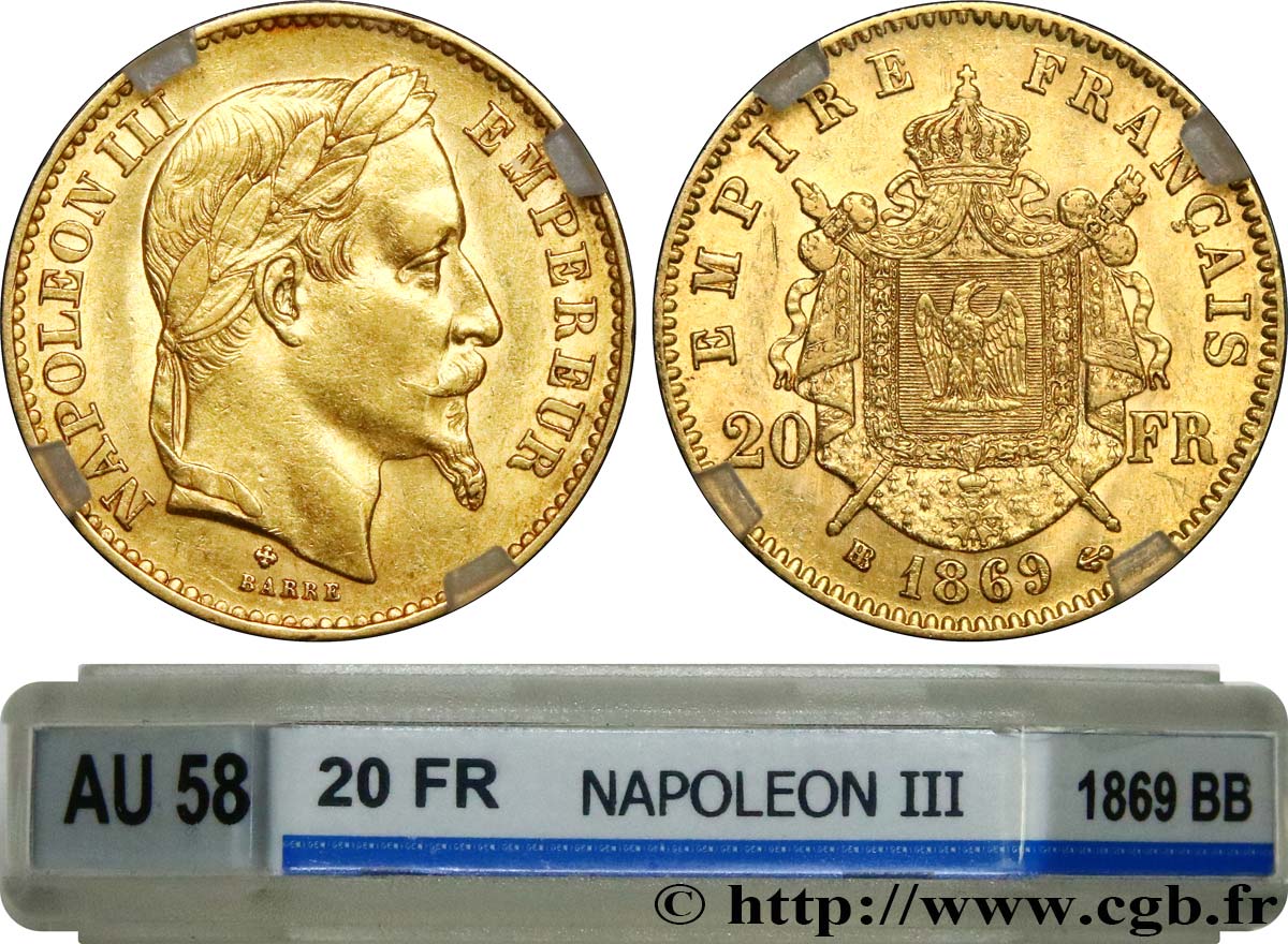 20 francs or Napoléon III, tête laurée, petit BB 1869 Strasbourg F.532/21 AU58 GENI