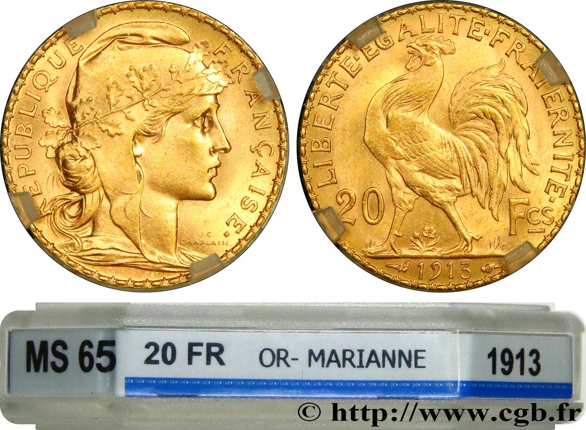 20 francs or Coq, Liberté Égalité Fraternité 1913 Paris F.535/7 ST65 GENI