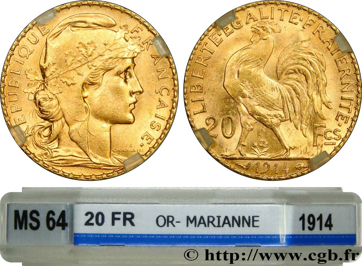 20 francs or Coq, Liberté Égalité Fraternité 1914 Paris F.535/8 SPL64 GENI