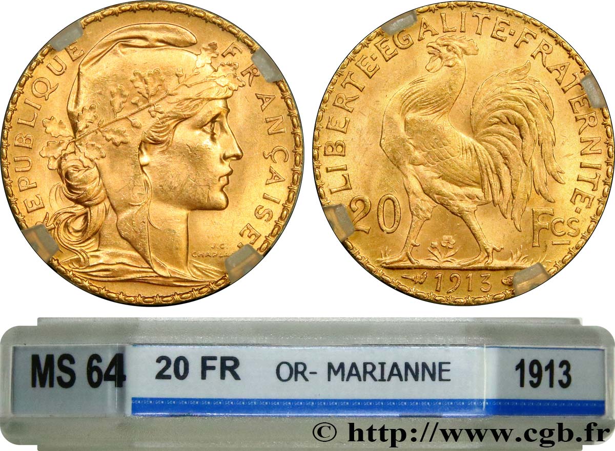 20 francs or Coq, Liberté Égalité Fraternité 1913 Paris F.535/7 MS64 GENI