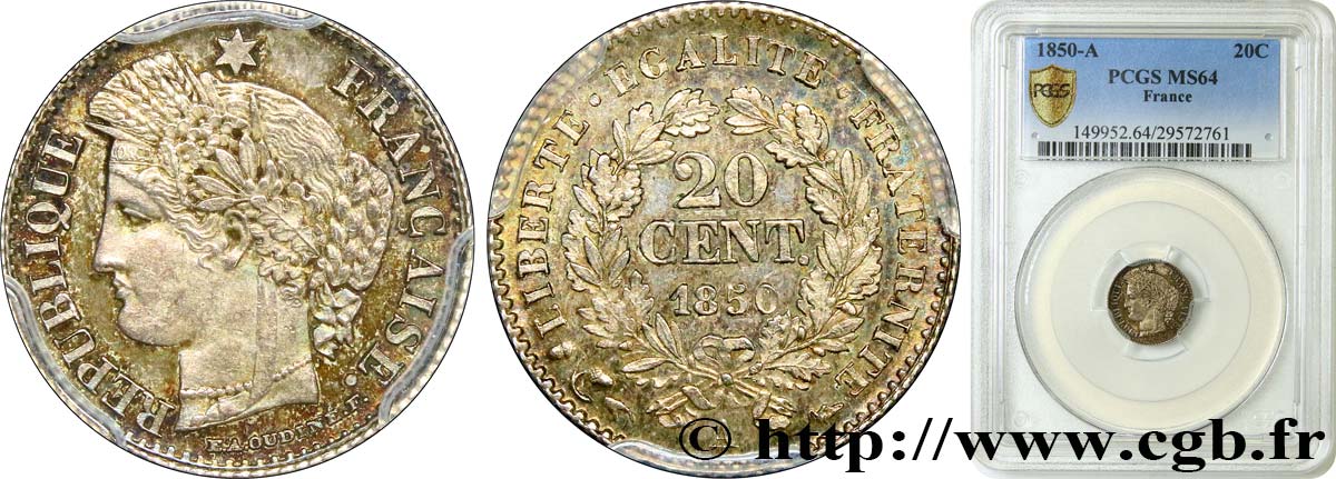 20 centimes Cérès, IIe République 1850 Paris F.146/3 SPL64 PCGS