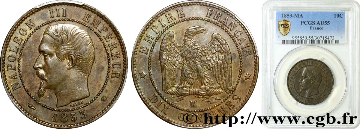 Dix centimes Napoléon III, tête nue 1853 Marseille F.133/8 VZ55 PCGS