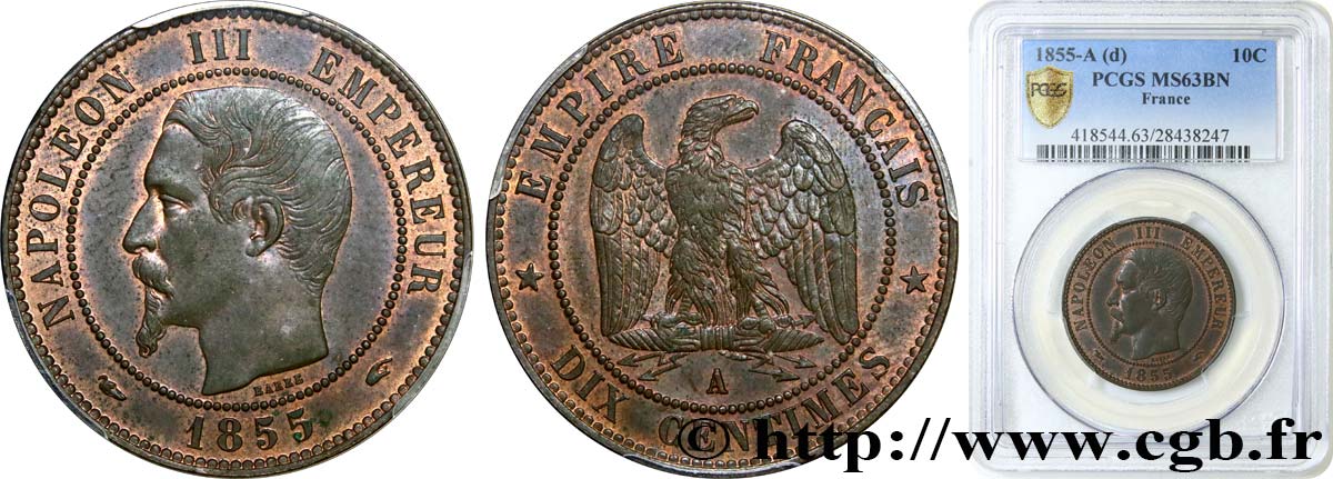 Dix centimes Napoléon III, tête nue 1855 Paris F.133/19 MS63 PCGS