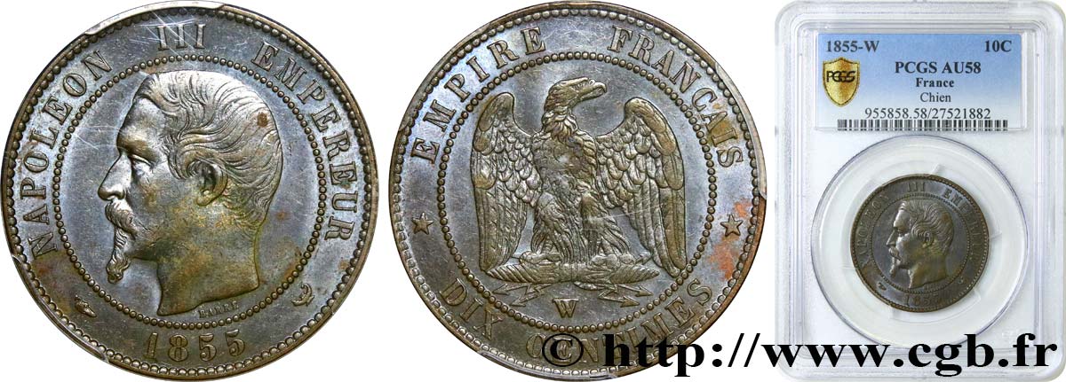 Dix centimes Napoléon III, tête nue 1855 Lille F.133/32 AU58 PCGS
