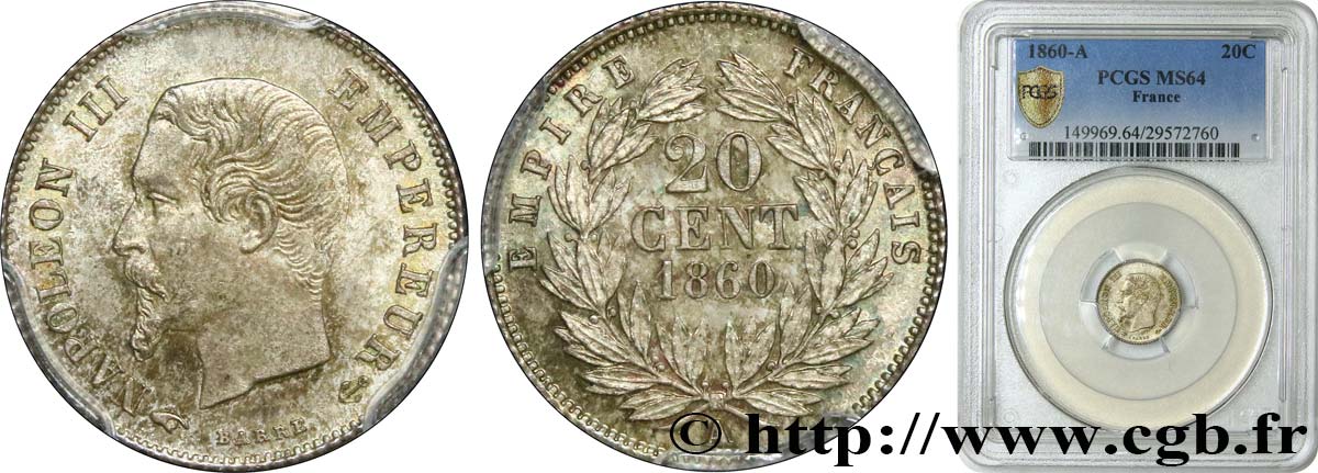 20 centimes Napoléon III, tête nue 1860 Paris F.148/14 SC64 PCGS