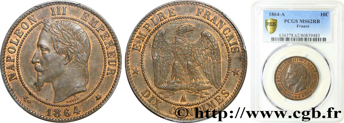 Dix centimes Napoléon III, tête laurée 1864 Paris F.134/13 MS62 PCGS