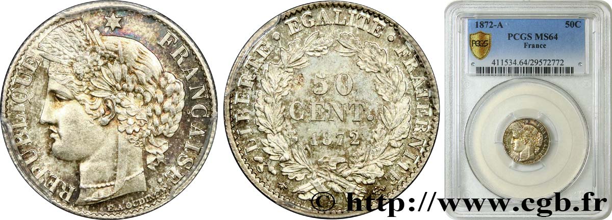 50 centimes Cérès, IIIe République 1872 Paris F.189/3 SPL64 PCGS