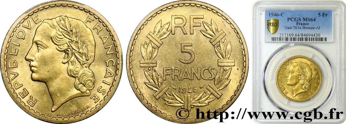 5 francs Lavrillier, bronze-aluminium 1946 Castelsarrasin F.337/8 fST64 PCGS