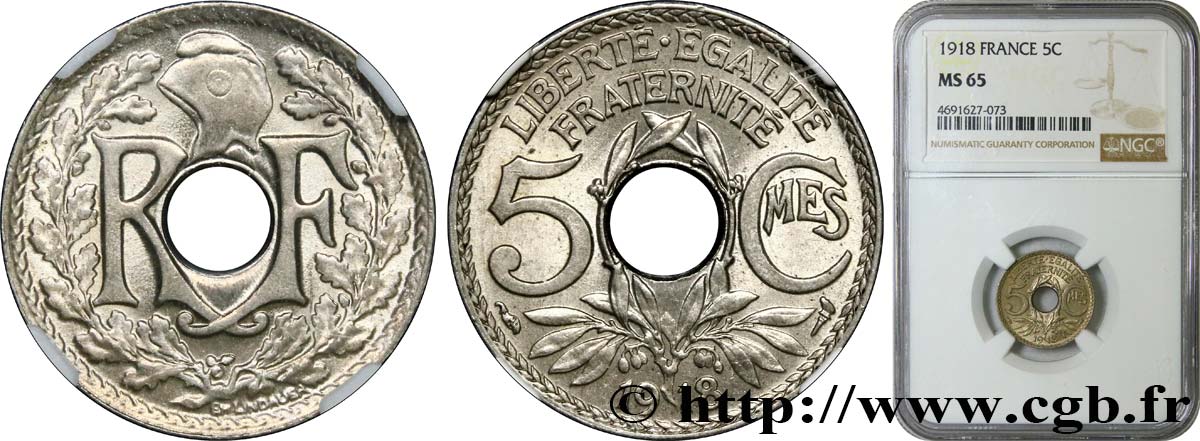 5 centimes Lindauer, grand module 1918 Paris F.121/2 FDC65 NGC