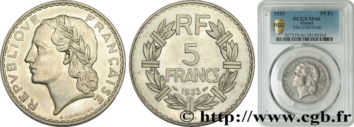 Essai de 5 francs Lavrillier, nickel 1933  F.336/1 ST66 PCGS