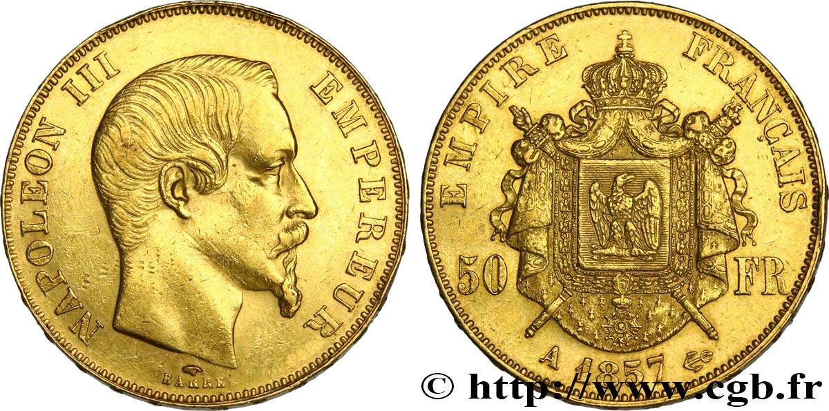 50 francs or Napoléon III, tête nue 1857 Paris F.547/4 AU50 