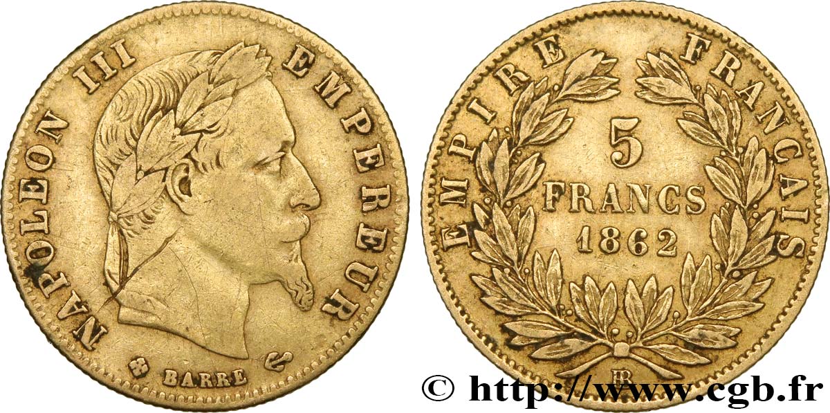 5 francs or Napoléon III, tête laurée 1862 Strasbourg F.502/2 S 