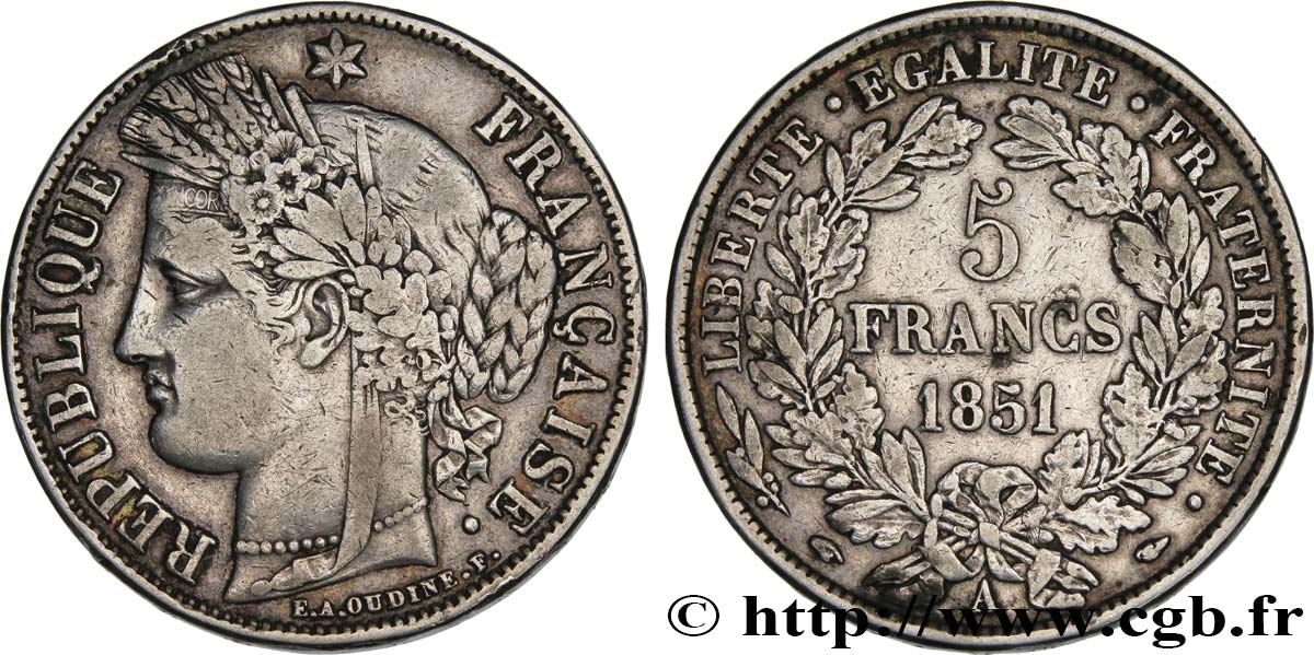 5 francs Cérès, IIe République 1851 Paris F.327/7 TB+ 