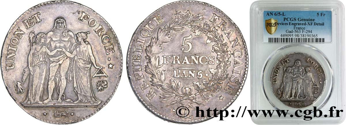 5 francs Union et Force, Union serré, seulement gland extérieur 1798 Bayonne F.288/68 MBC PCGS