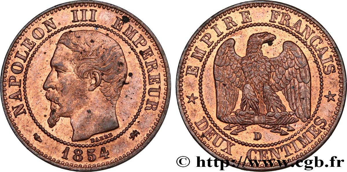 Deux centimes Napoléon III, tête nue 1854 Lyon F.107/15 MS63 