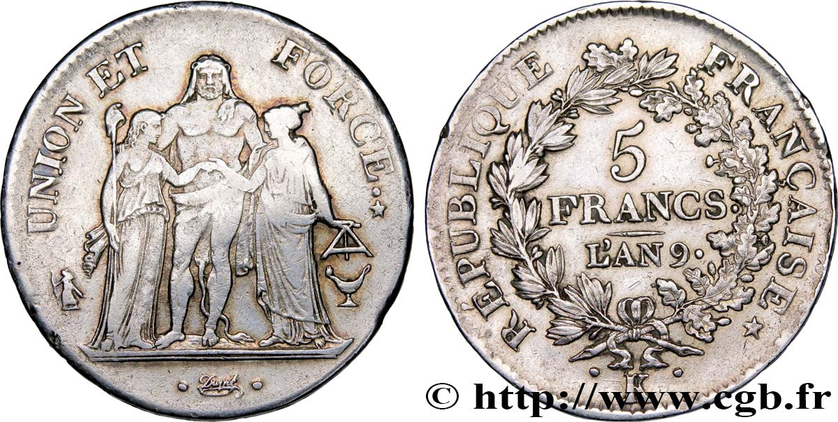 5 francs Union et Force, Union serré, avec glands intérieurs et gland extérieur 1801 Bordeaux F.288/159 q.BB/BB 