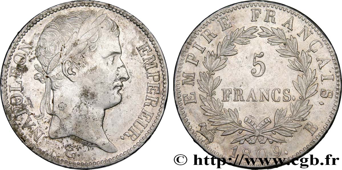5 francs Napoléon Empereur, Empire français 1809 Rouen F.307/2 SPL 