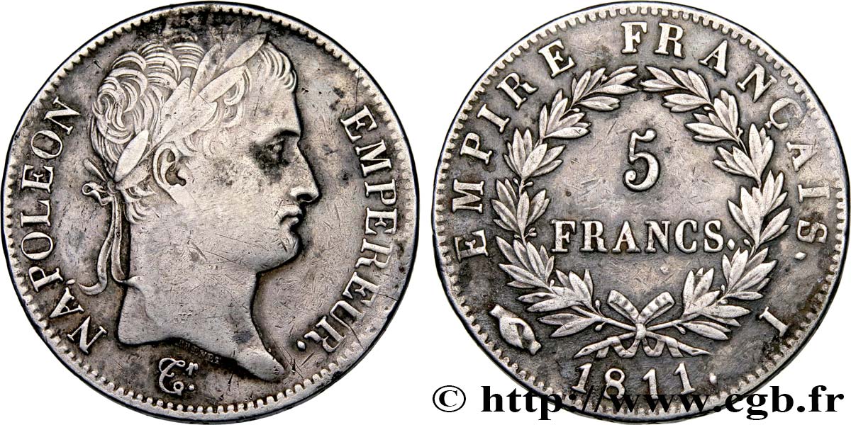 5 francs Napoléon Empereur, Empire français, tranche fautée 1811 Limoges F.307/32 BC+ 