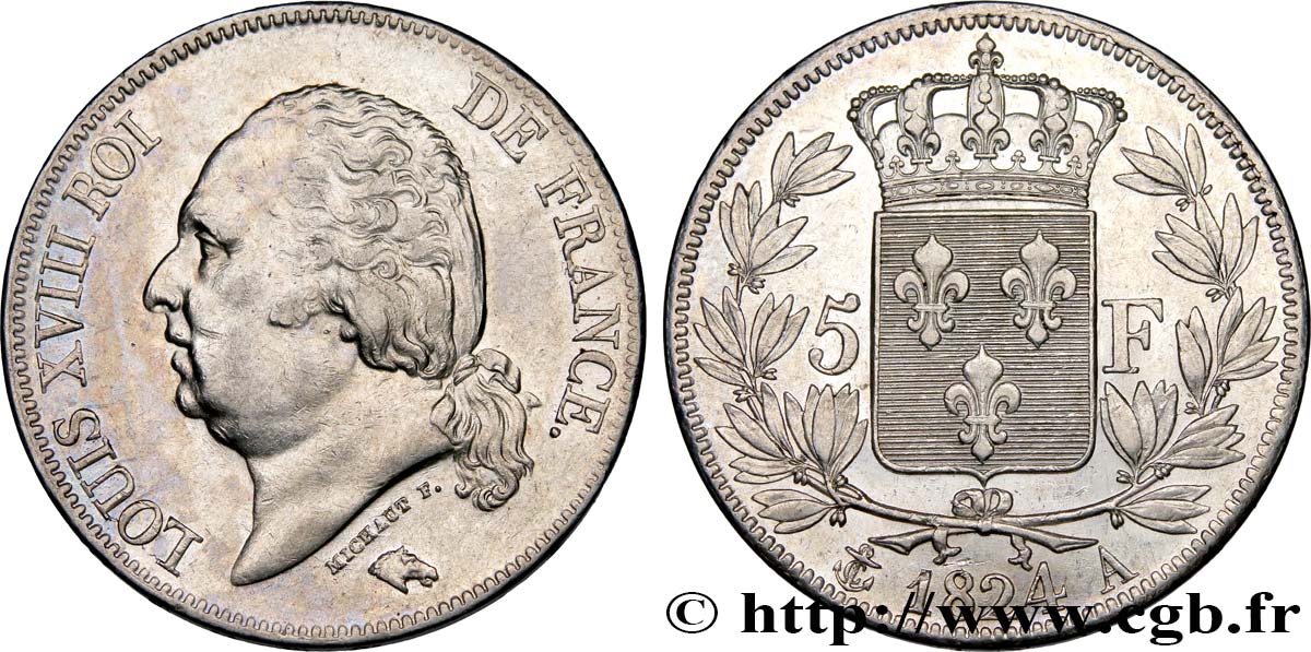 5 francs Louis XVIII, tête nue 1824 Paris F.309/88 AU55 