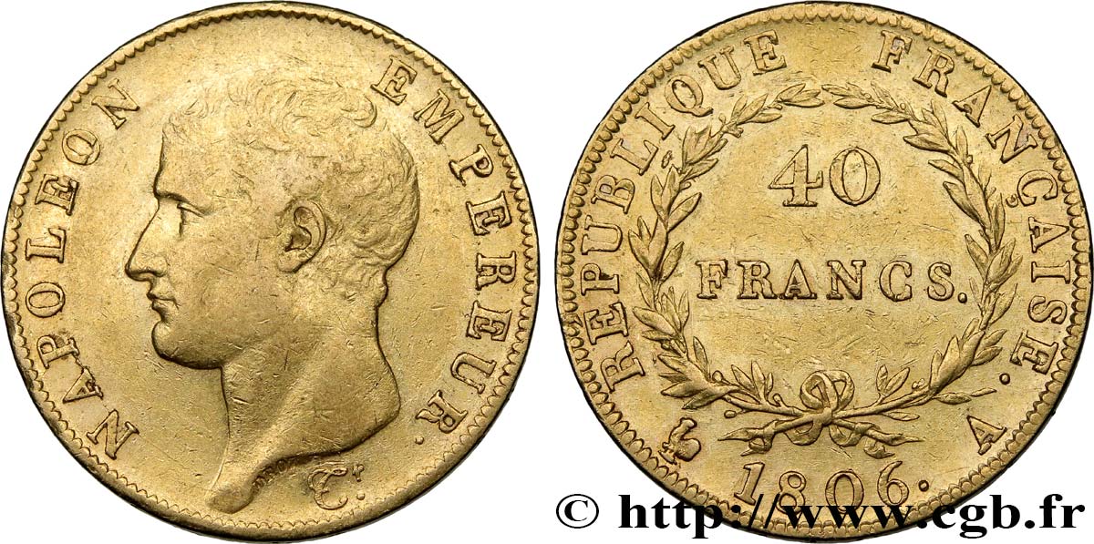 40 francs or Napoléon tête nue, Calendrier grégorien 1806 Paris F.538/1 SS50 