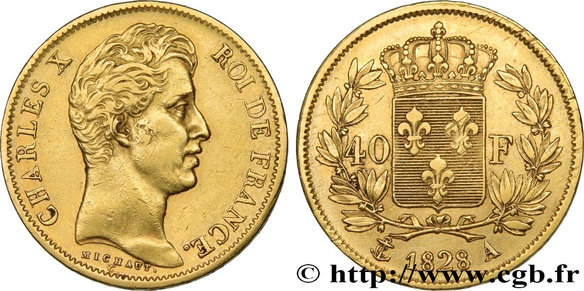 40 francs or Charles X, 2e type 1828 Paris F.544/3 q.BB 