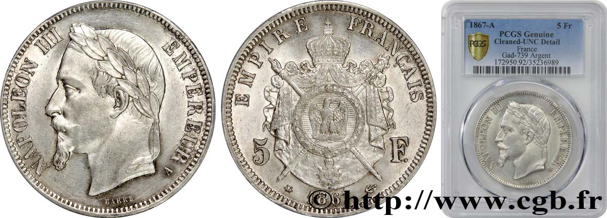 5 francs Napoléon III, tête laurée 1867 Paris F.331/10 SPL+ PCGS