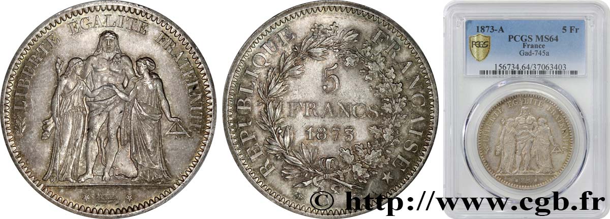 5 francs Hercule 1873 Paris F.334/9 SC64 PCGS
