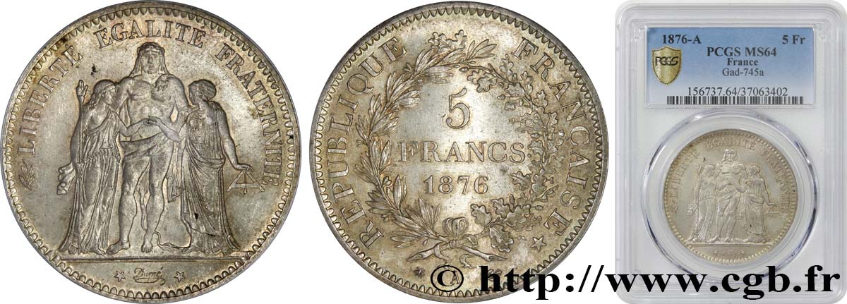 5 francs Hercule 1876 Paris F.334/17 fST64 PCGS