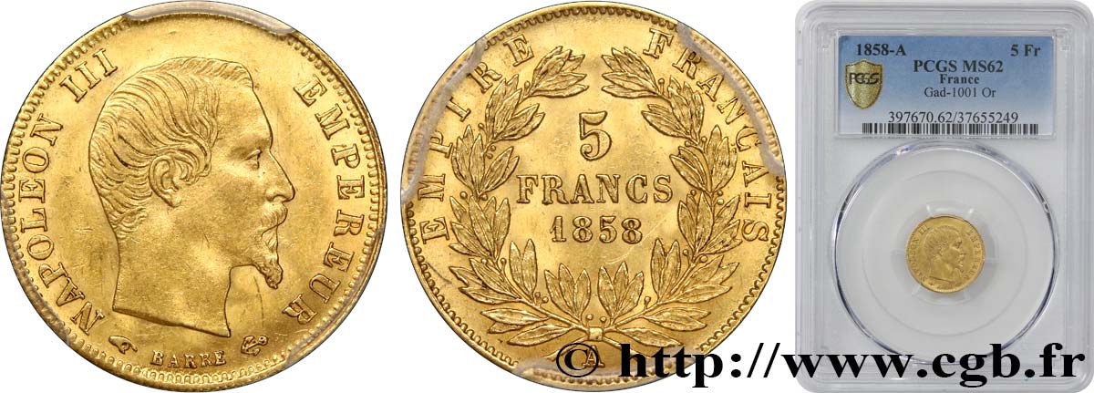 5 francs or Napoléon III, tête nue, grand module 1858 Paris F.501/5 SUP62 PCGS