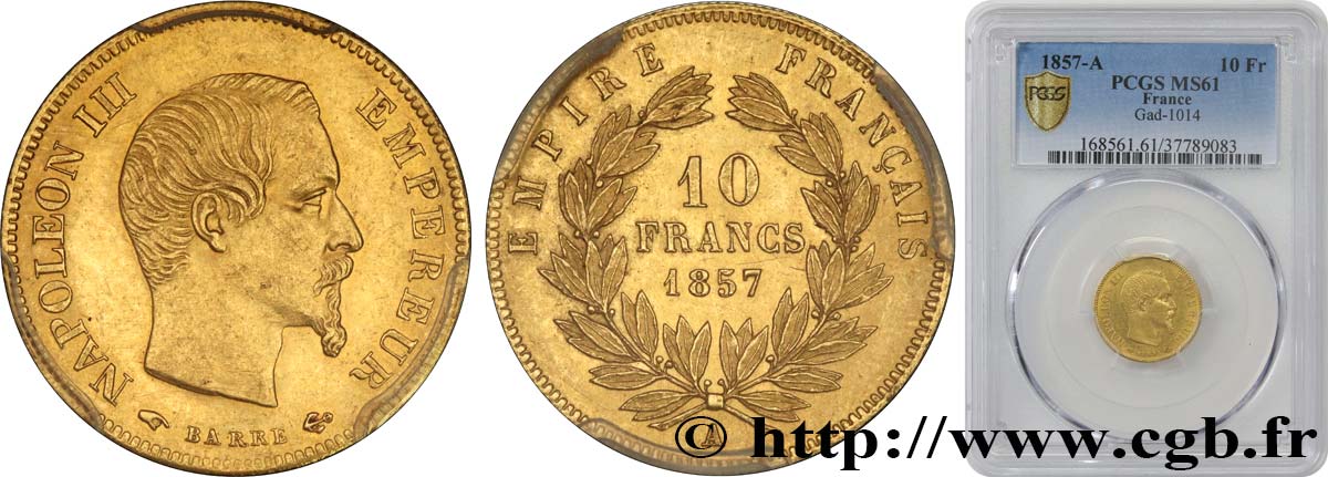 10 francs or Napoléon III, tête nue 1857 Paris F.506/4 EBC61 PCGS
