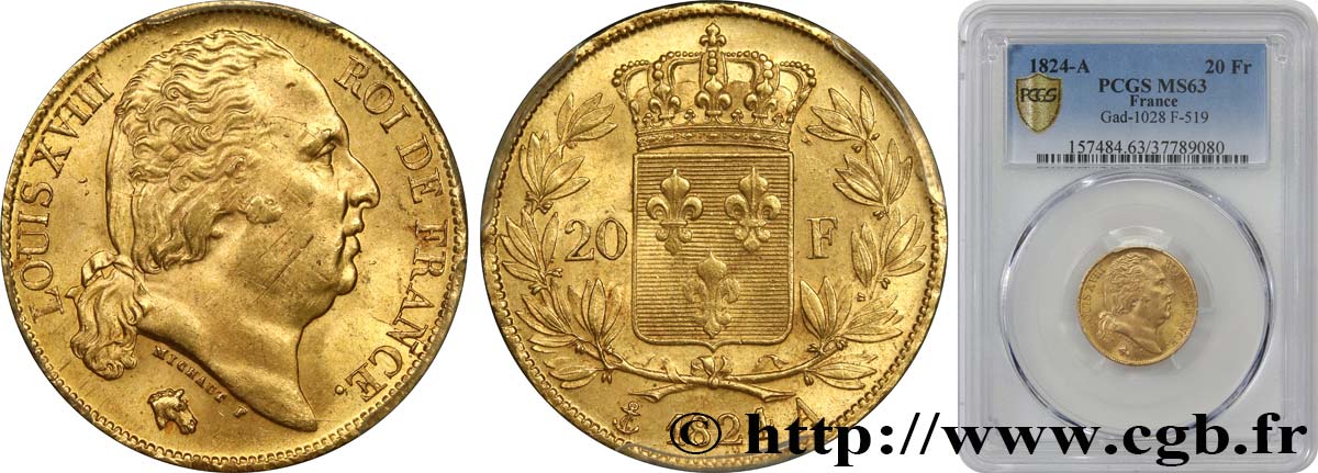 20 francs or Louis XVIII, tête nue 1824 Paris F.519/31 SPL63 PCGS
