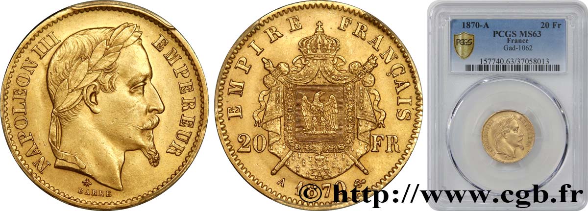 20 francs or Napoléon III, tête laurée 1870 Paris F.532/23 fST63 PCGS