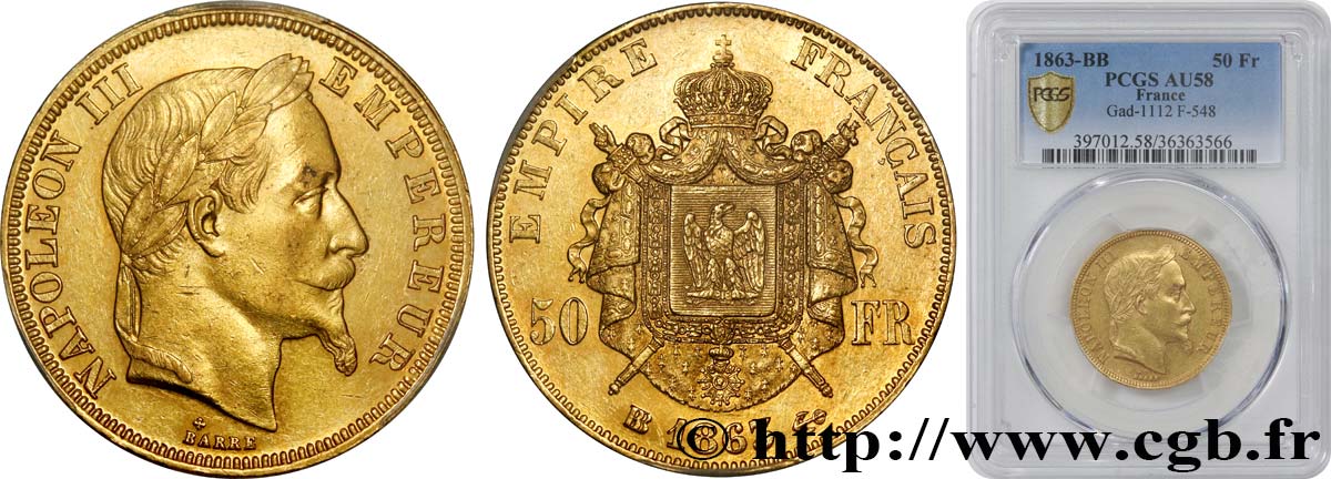 50 francs or Napoléon III, tête laurée 1863 Strasbourg F.548/3 EBC58 PCGS