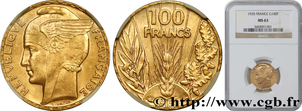 100 francs or, Bazor 1935 Paris F.554/6 SPL63 NGC