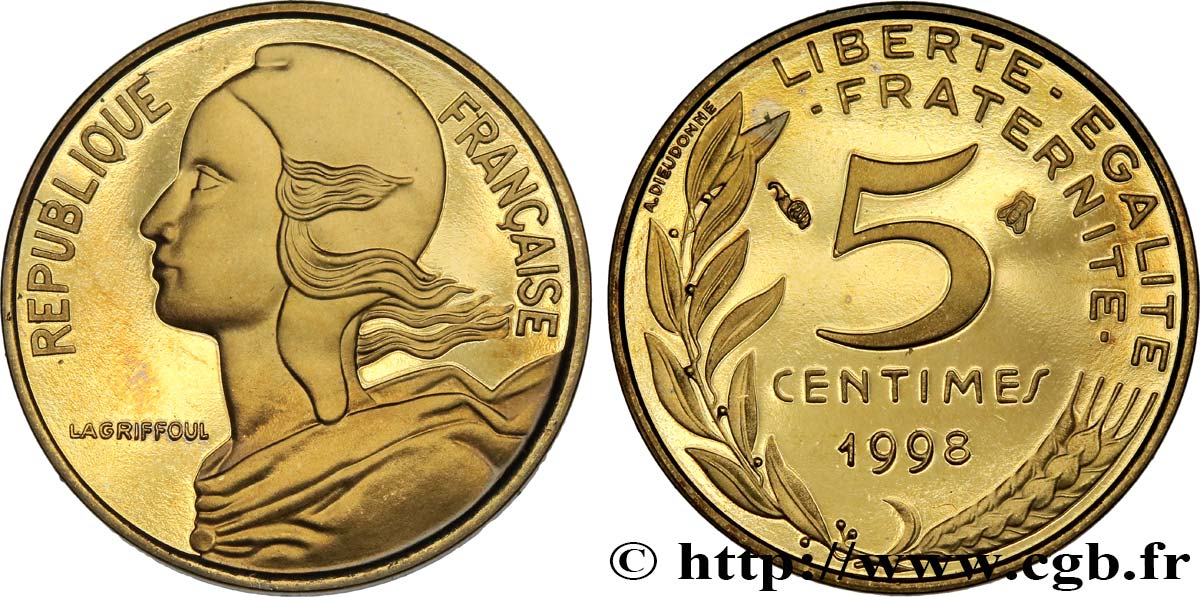 5 centimes Marianne, BE (Belle Épreuve), 4 plis 1998 Pessac F.125/41 var. ST 