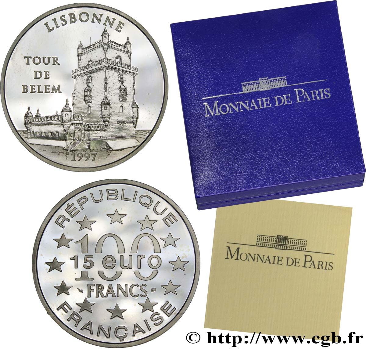 Belle Épreuve 15 euro / 100 francs - Tour de Belém (Lisbonne, Portugal) 1997 Paris F5.2024 1 fST 