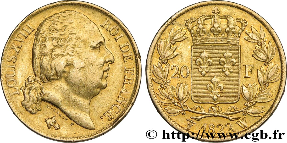 20 francs or Louis XVIII, tête nue 1822 Lille F.519/28 TTB 