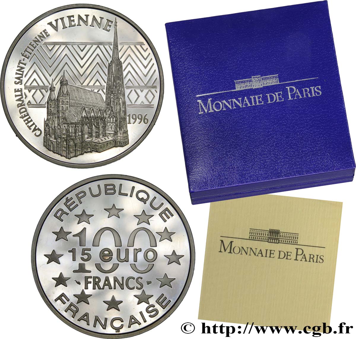 Belle Épreuve 15 euro / 100 francs - La Cathédrale Saint-Étienne (Vienne, Autriche) 1996  F5.2022 1 SPL 