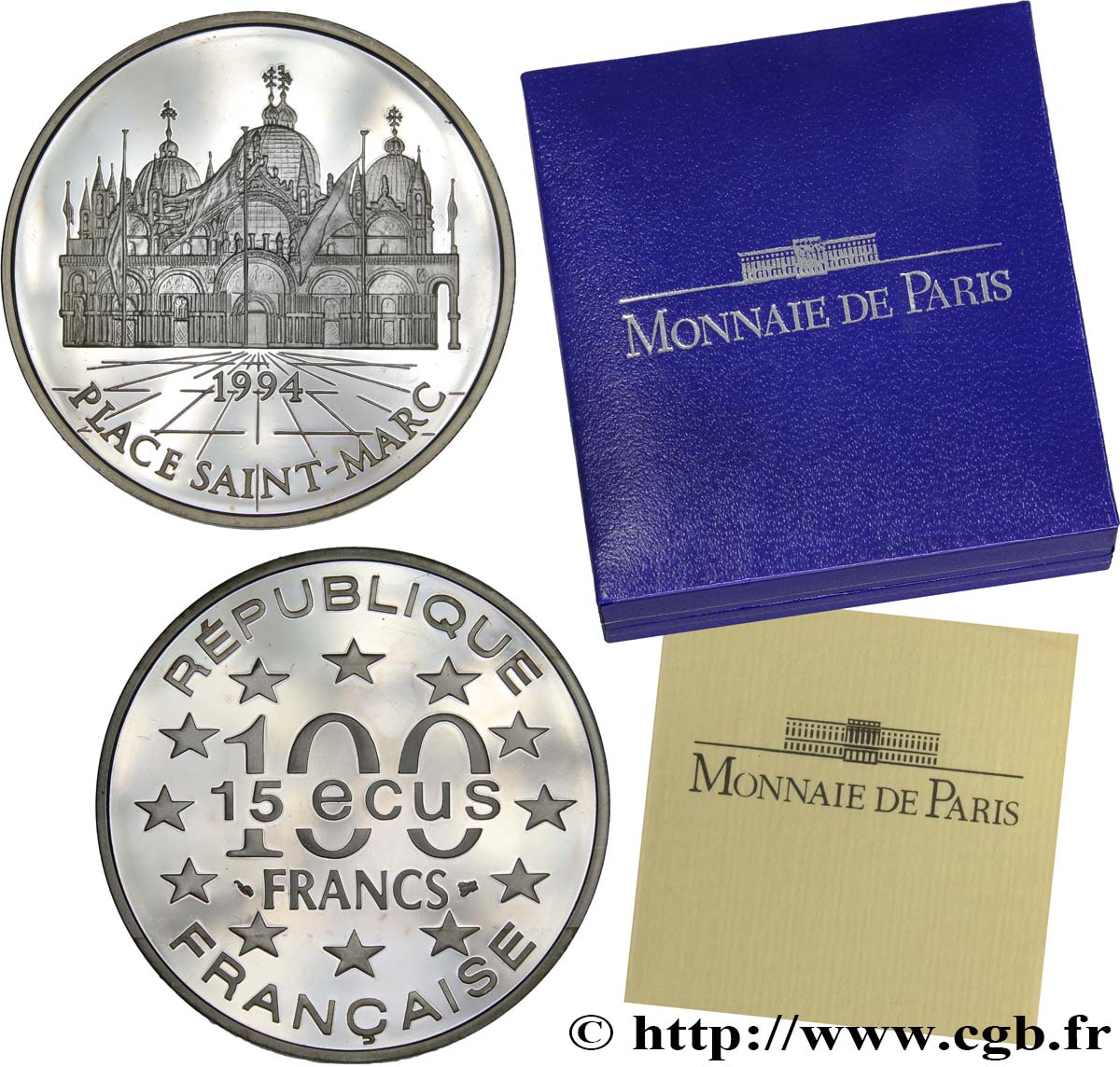 Belle Epreuve 15 écus / 100 francs - Place Saint-Marc (Venise, Italie) 1994  F5.2008 1 MS 
