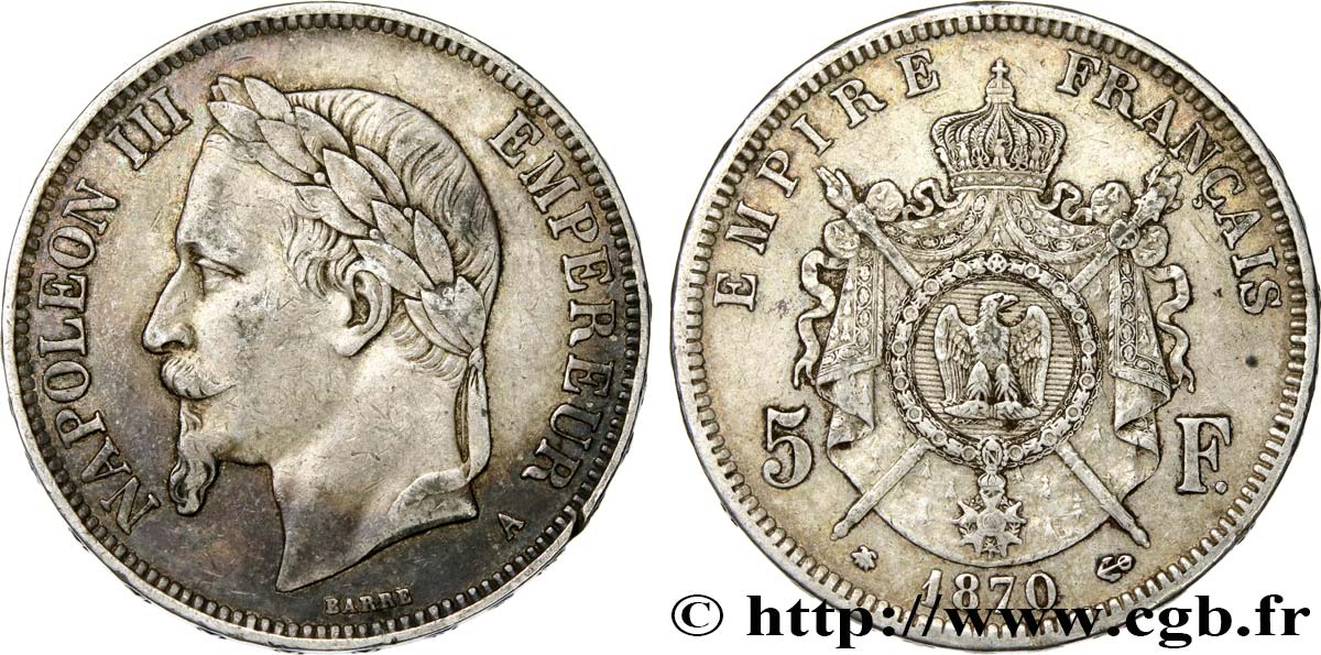 5 francs Napoléon III, tête laurée 1870 Paris F.331/16 XF40 