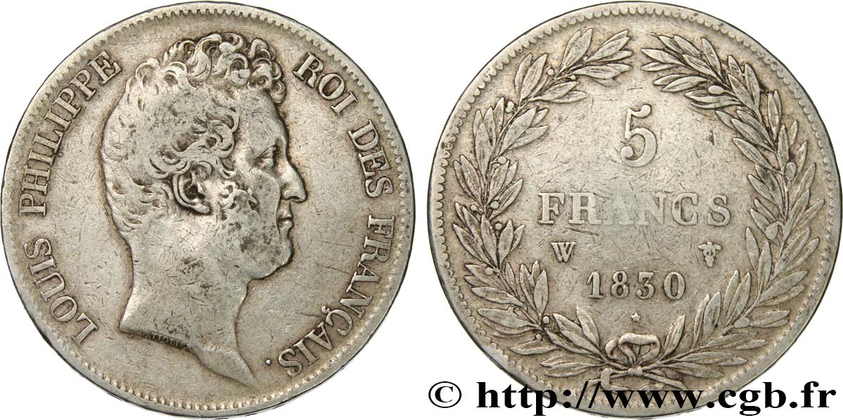 5 francs type Tiolier sans le I, tranche en creux 1830 Lille F.313/4 TB25 
